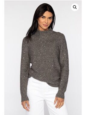 Kinross Sequin Metallic Funnel Neck Sweater in Pewter